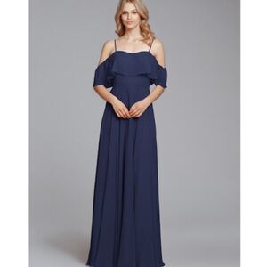 Hayley Paige Occasions Bridesmaid Gown Indigo 6 Chiffon Cold Shoulder NWT